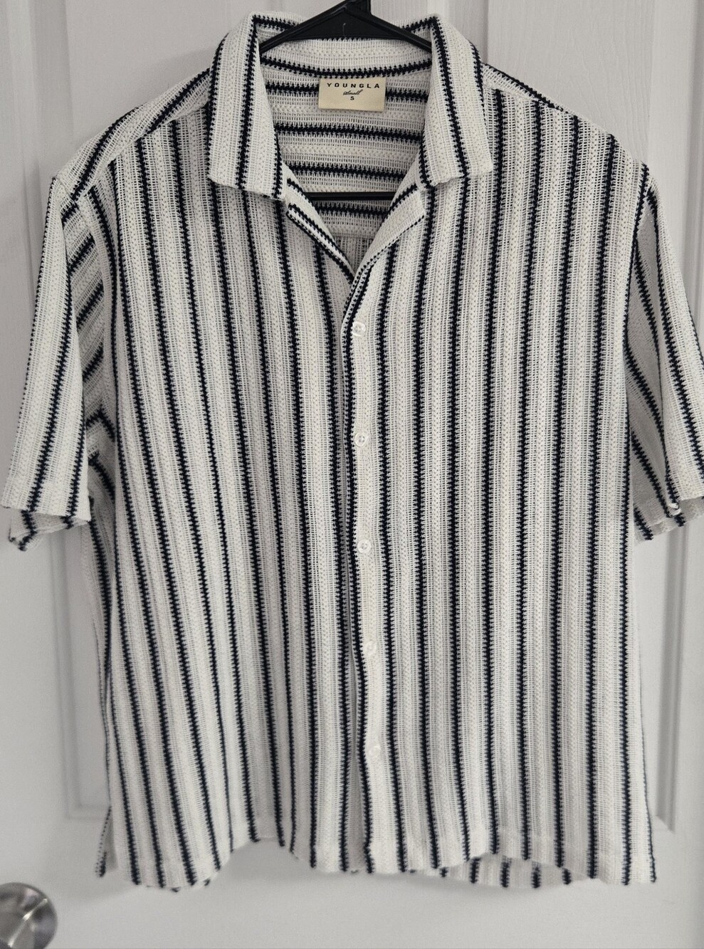 YoungLA Black and White Vertical Stripe Short-Sleeve Button Shirt